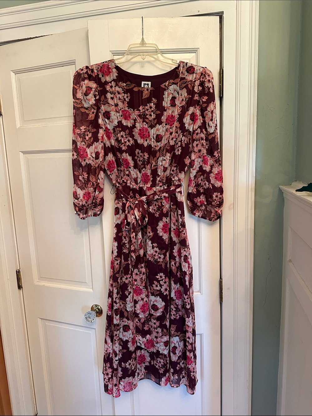 Anne Klein Burgundy Floral Midi Dress with Pink and Cream Blooms